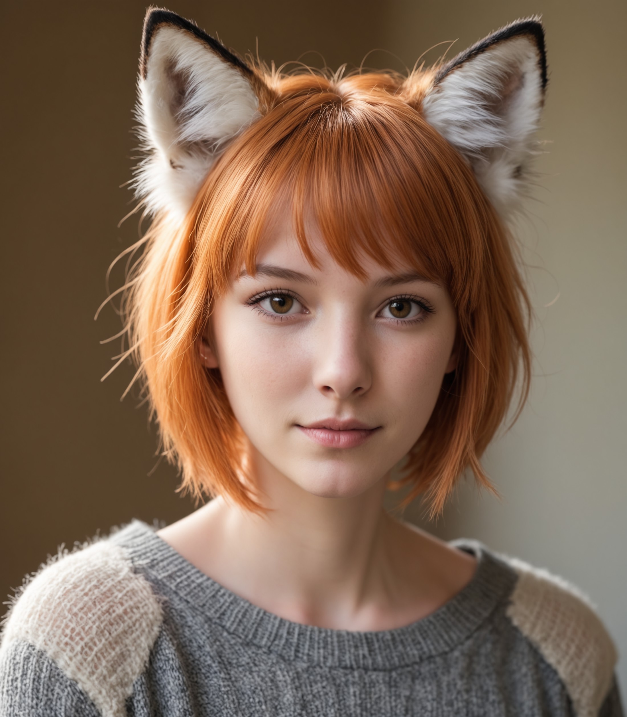 face portrait of young woman, orange hair, fur, 19 years old, short hair, natural lighting , fox ears, whiskers , front bangs